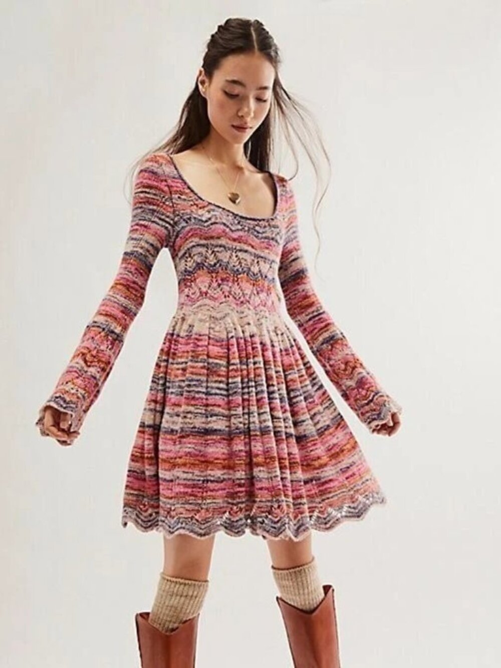 Free People Pandora Pointelle Mini Dress Sunset Combo Size L NWT